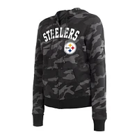 Sweat à capuche zippé et camouflage des Pittsburgh Steelers New Era pour femme, noir