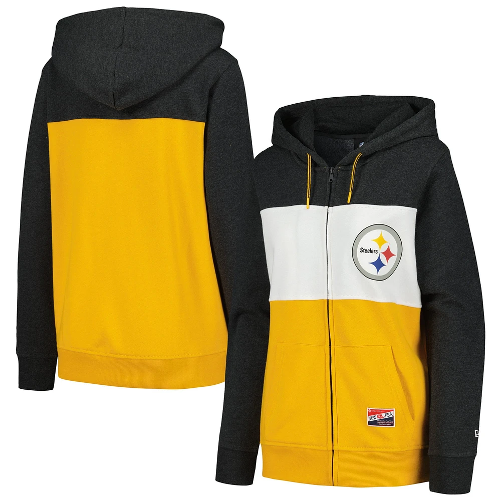 Sweat à capuche entièrement zippé blocs de couleurs New Era pour femmes, Pittsburgh Steelers, noir