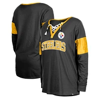 T-shirt à manches longues lacets et col cranté New Era noir pour femmes des Pittsburgh Steelers