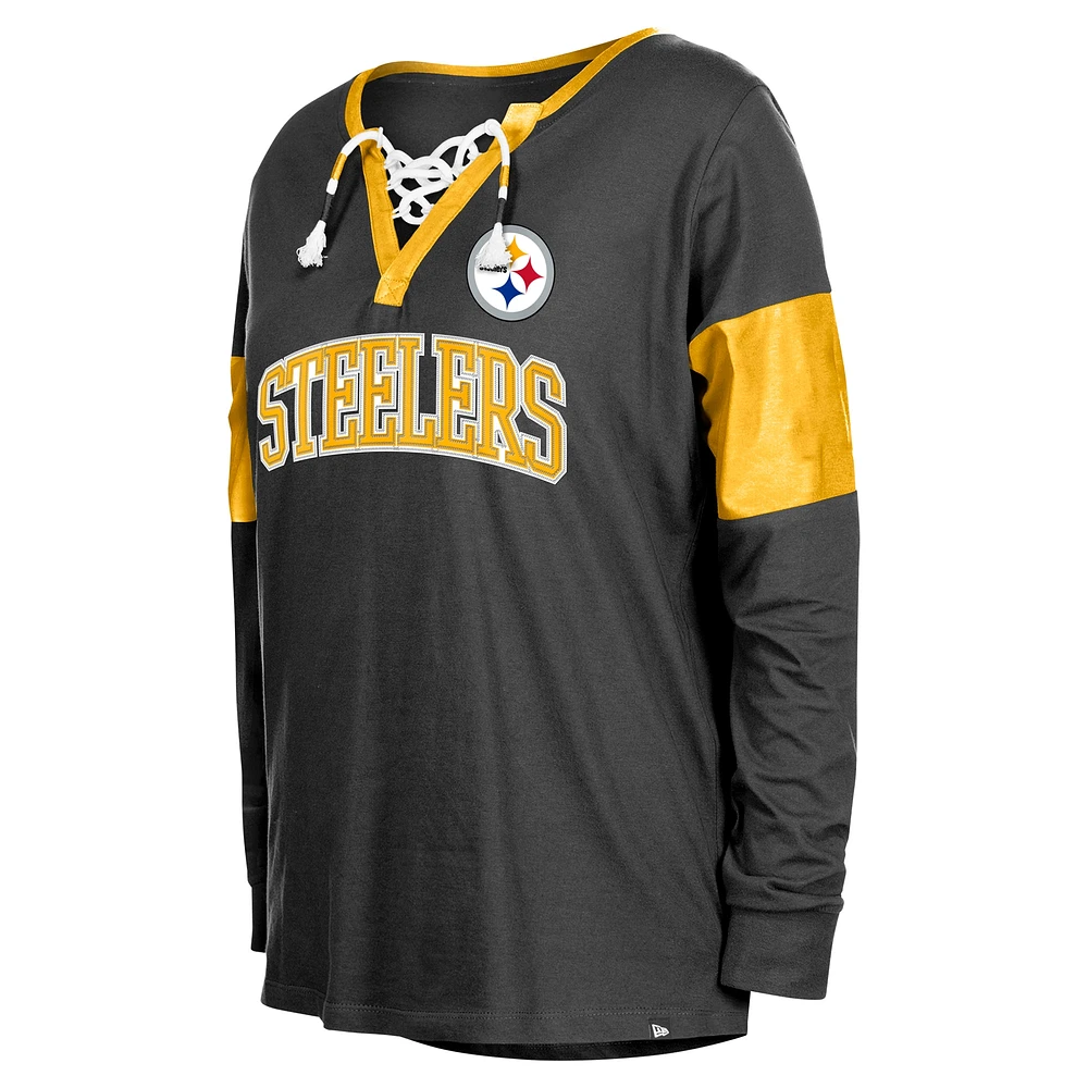 T-shirt à manches longues lacets et col cranté New Era noir pour femmes des Pittsburgh Steelers