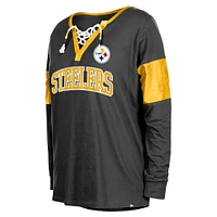 T-shirt à manches longues lacets et col cranté New Era noir pour femmes des Pittsburgh Steelers