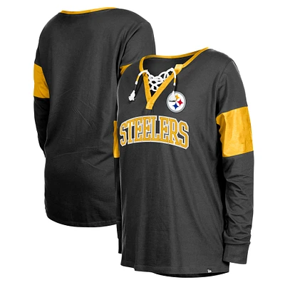 Women's New Era Black Pittsburgh Steelers Lace-Up Notch-Neck Long Sleeve T-Shirt