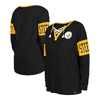 Women's New Era Black Pittsburgh Steelers Lace-Up Notch Neck Long Sleeve T-Shirt