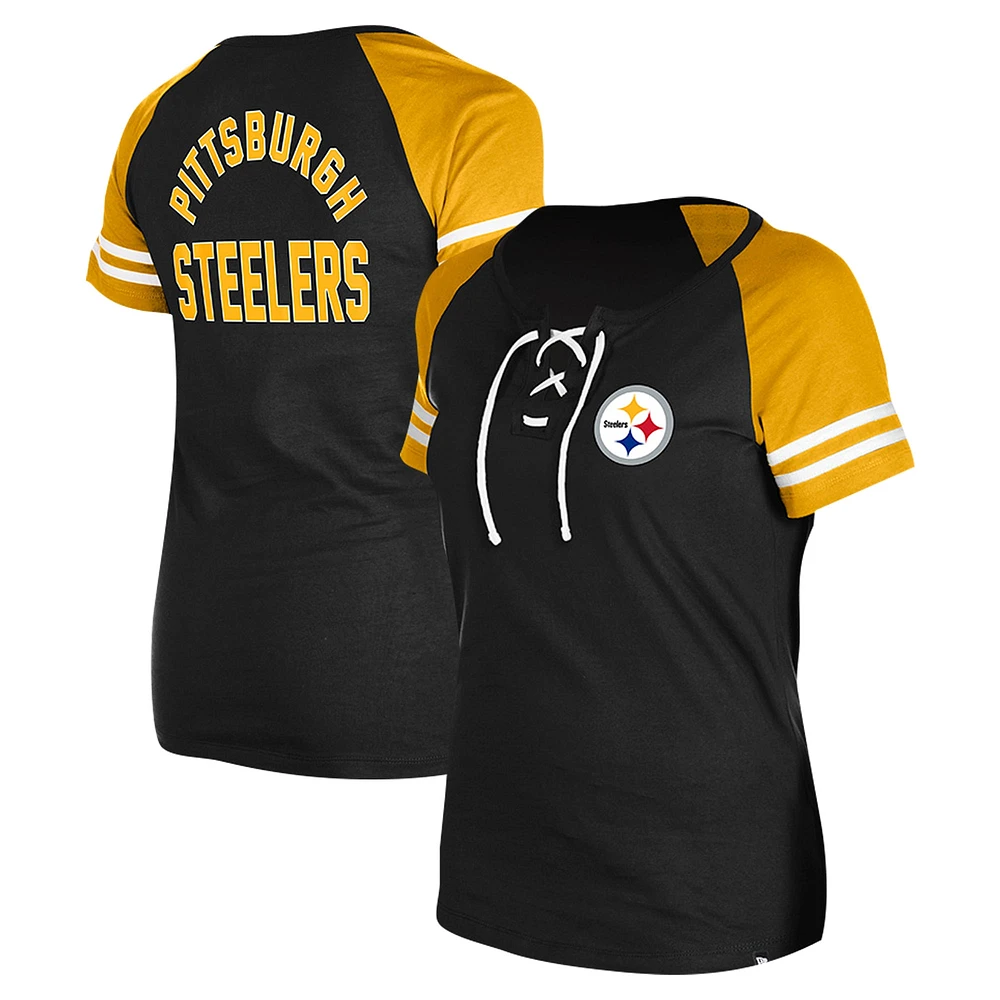 T-shirt raglan à lacets noir Pittsburgh Steelers New Era pour femme