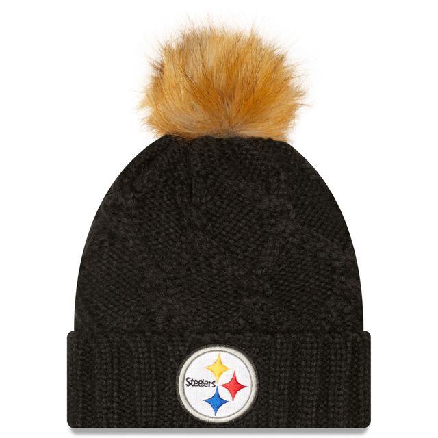 New Era Black Pittsburgh Steelers Luxe pour femmes - Bonnet en tricot à revers avec pompon