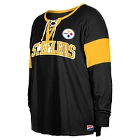 T-shirt à manches longues lacets et col cranté New Era pour femme, noir, Pittsburgh Steelers, grande taille