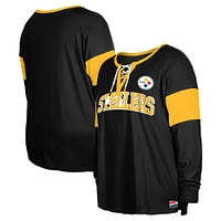 T-shirt à manches longues lacets et col cranté New Era pour femme, noir, Pittsburgh Steelers, grande taille