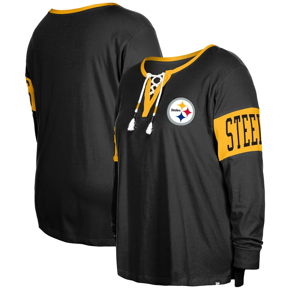 T-shirt à manches longues col cranté et lacets des Pittsburgh Steelers de New Era pour femme, noir