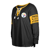 T-shirt à manches longues col cranté et lacets des Pittsburgh Steelers de New Era pour femme, noir