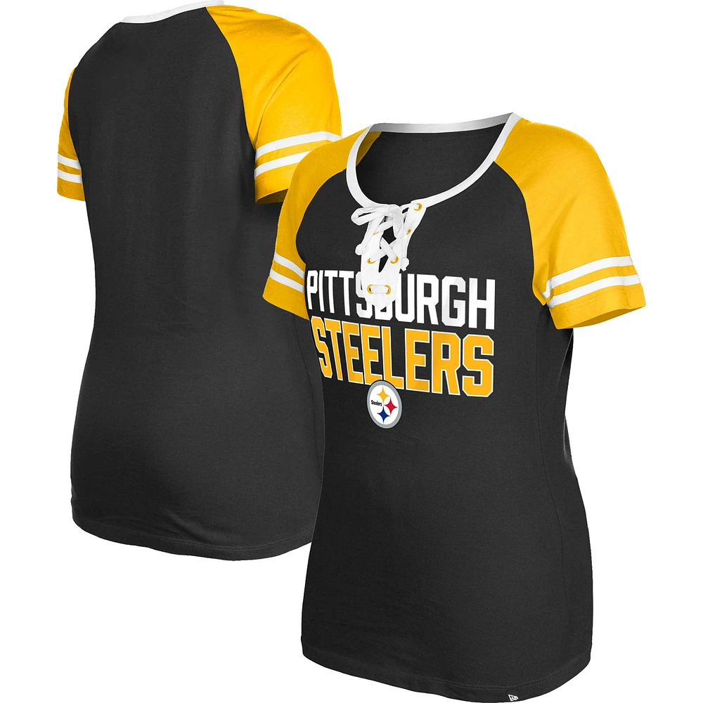 T-shirt à lacets raglan des Pittsburgh Steelers New Era pour femme, noir