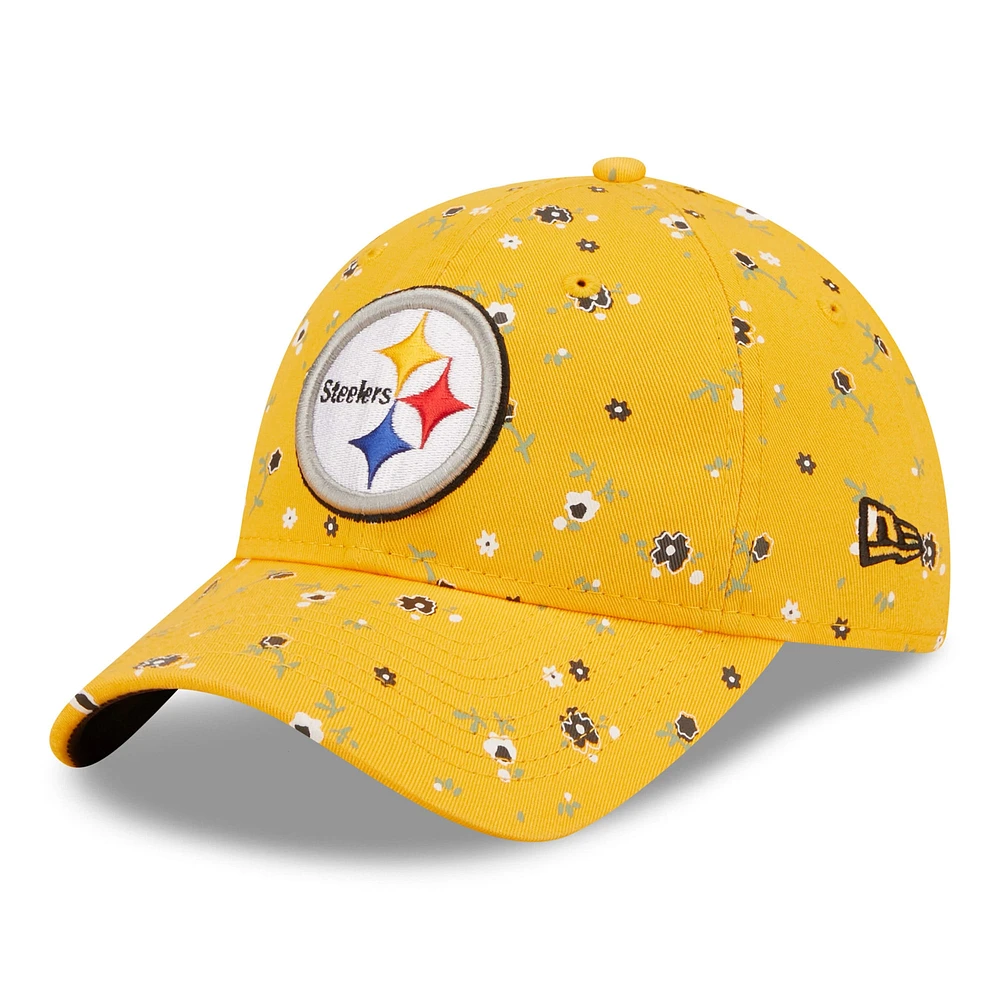 Casquette réglable à motif floral 9TWENTY des Pittsburgh Steelers New Era dorée pour femme