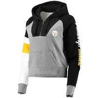 Women's New Era Heathered Gray/Black Pittsburgh Steelers Color Block Raglan Quarter-Zip Hoodie