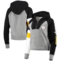 Women's New Era Heathered Gray/Black Pittsburgh Steelers Color Block Raglan Quarter-Zip Hoodie