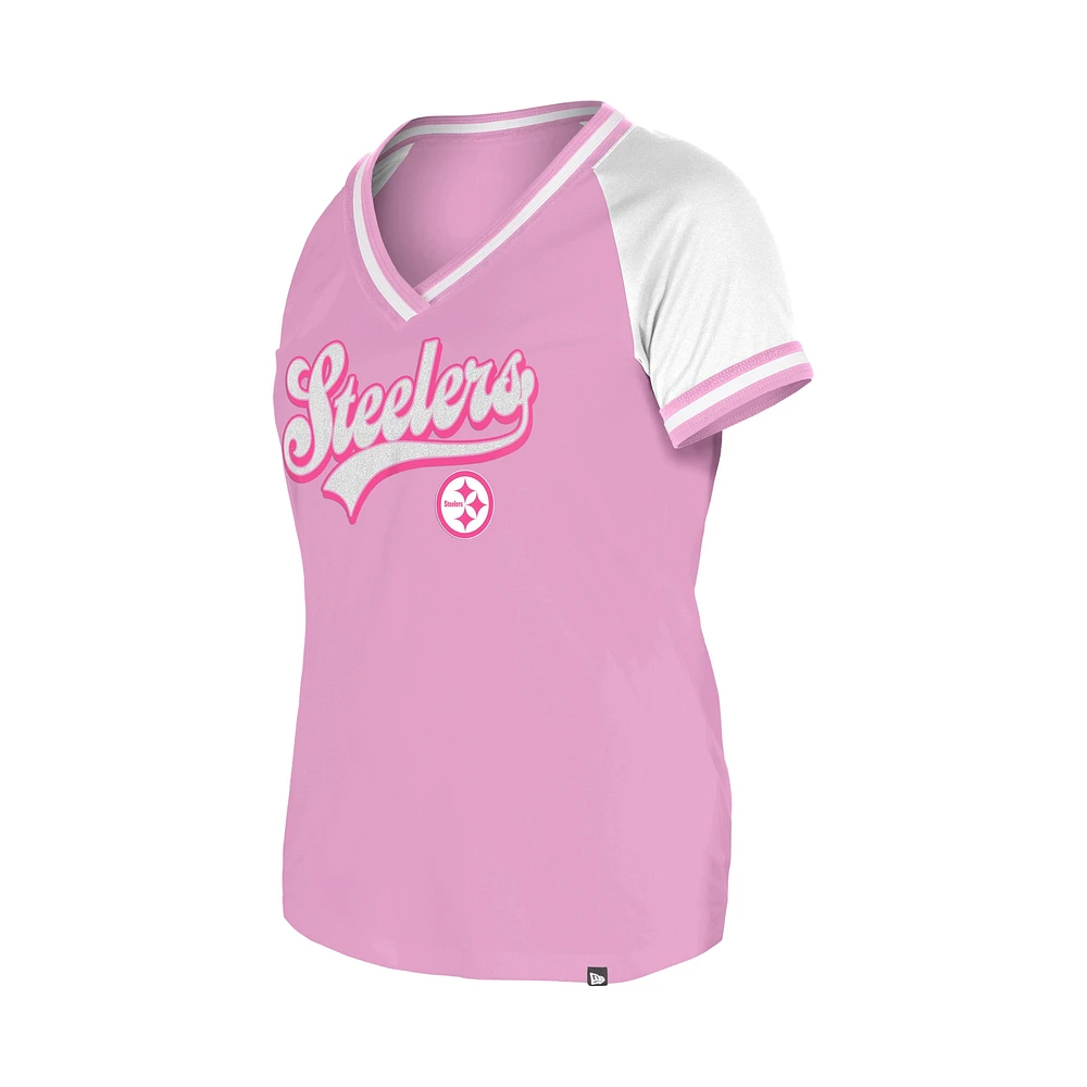 T-shirt col V rose New Era pour femme, motif maman et moi des Pittsburgh Steelers