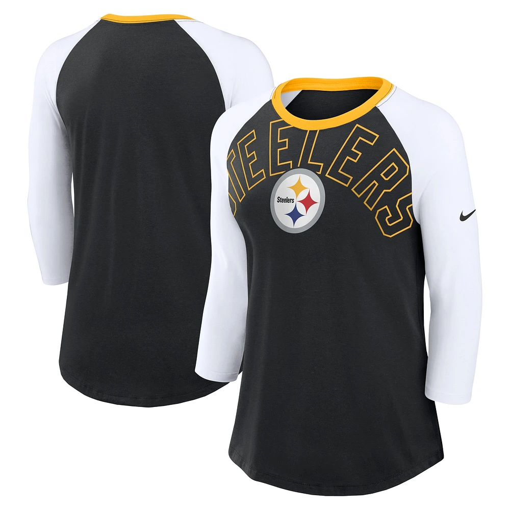 T-shirt Nike pour femmes, noir/blanc, Pittsburgh Steelers Knockout Arch Raglan Tri-Blend à manches 3/4