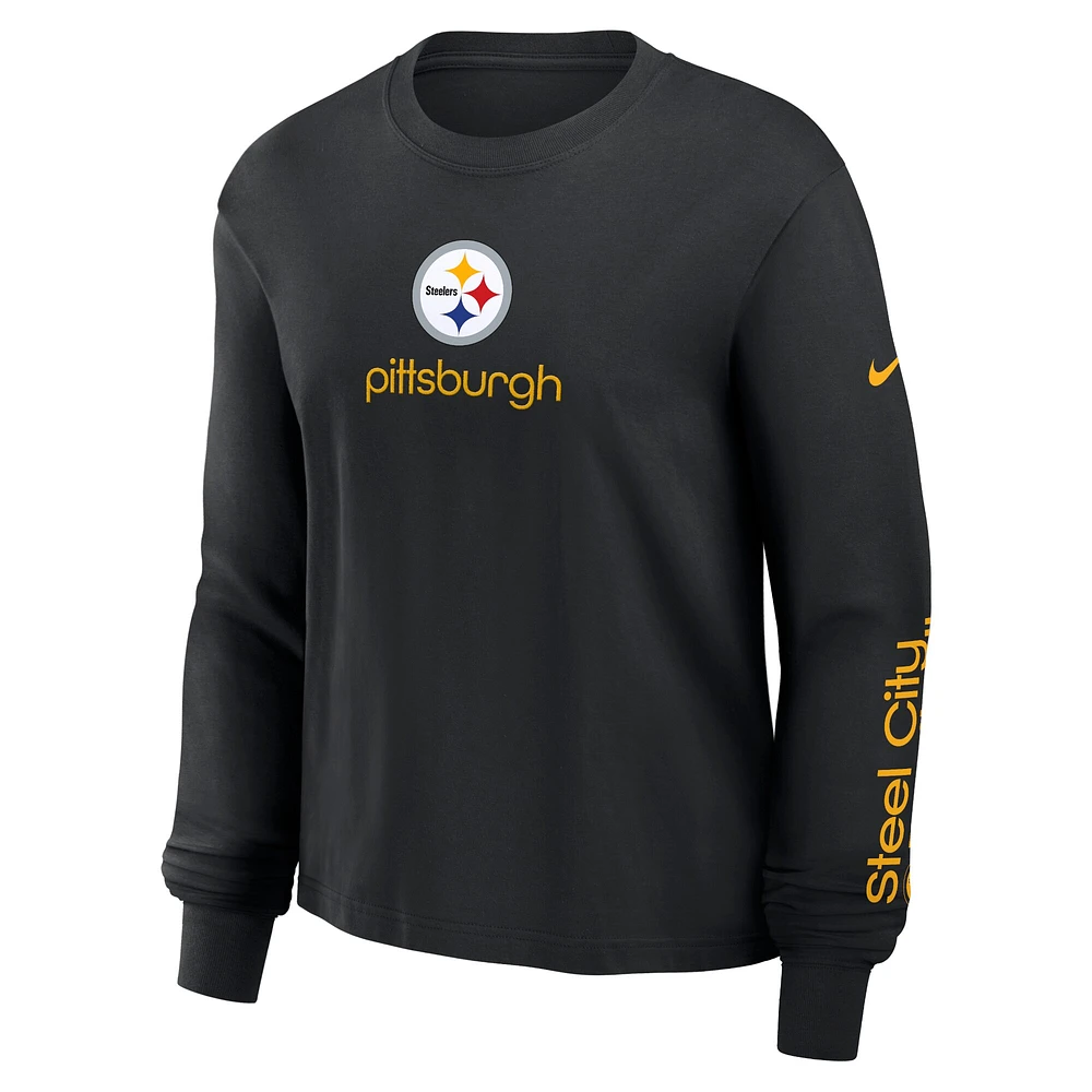 T-shirt à manches longues Nike Pittsburgh Steelers Boxy pour femme, noir