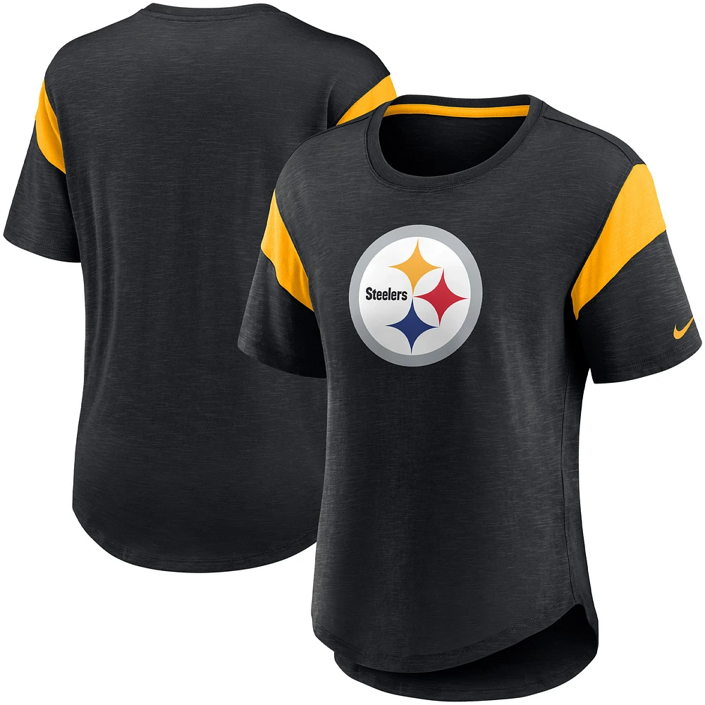 Haut tendance avec logo principal des Pittsburgh Steelers Nike Heather noir pour femme