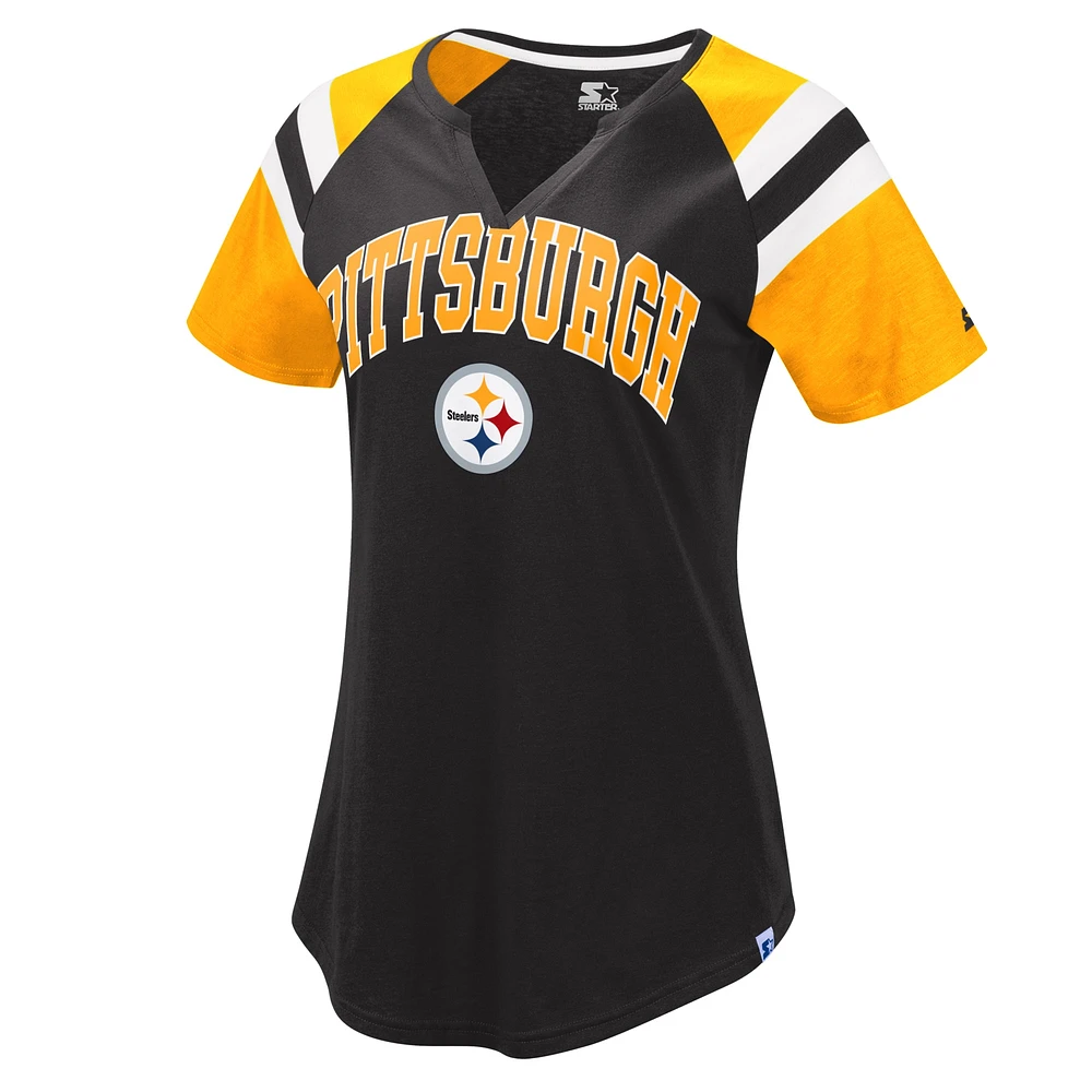 Women's Starter Black/Gold Pittsburgh Steelers Game On Notch Neck Raglan T-Shirt