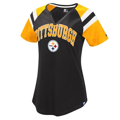 Women's Starter Black/Gold Pittsburgh Steelers Game On Notch Neck Raglan T-Shirt