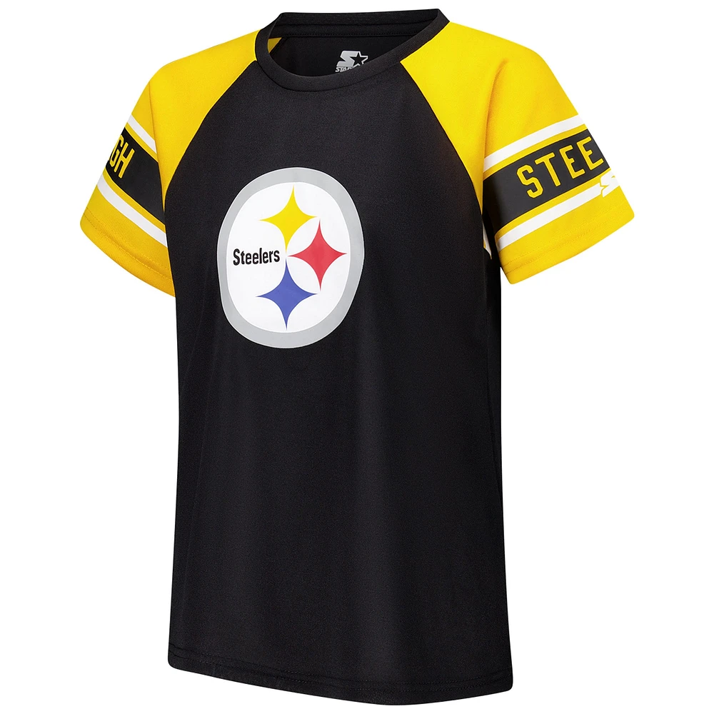 Women's Starter Black Pittsburgh Steelers 1st Rounder Color Block Raglan Top