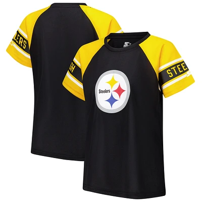 Women's Starter Black Pittsburgh Steelers 1st Rounder Color Block Raglan Top