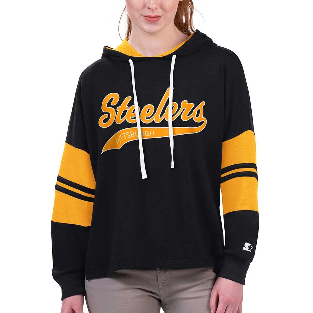 T-shirt à capuche manches longues Starter Black Pittsburgh Steelers Bump And Run pour femmes