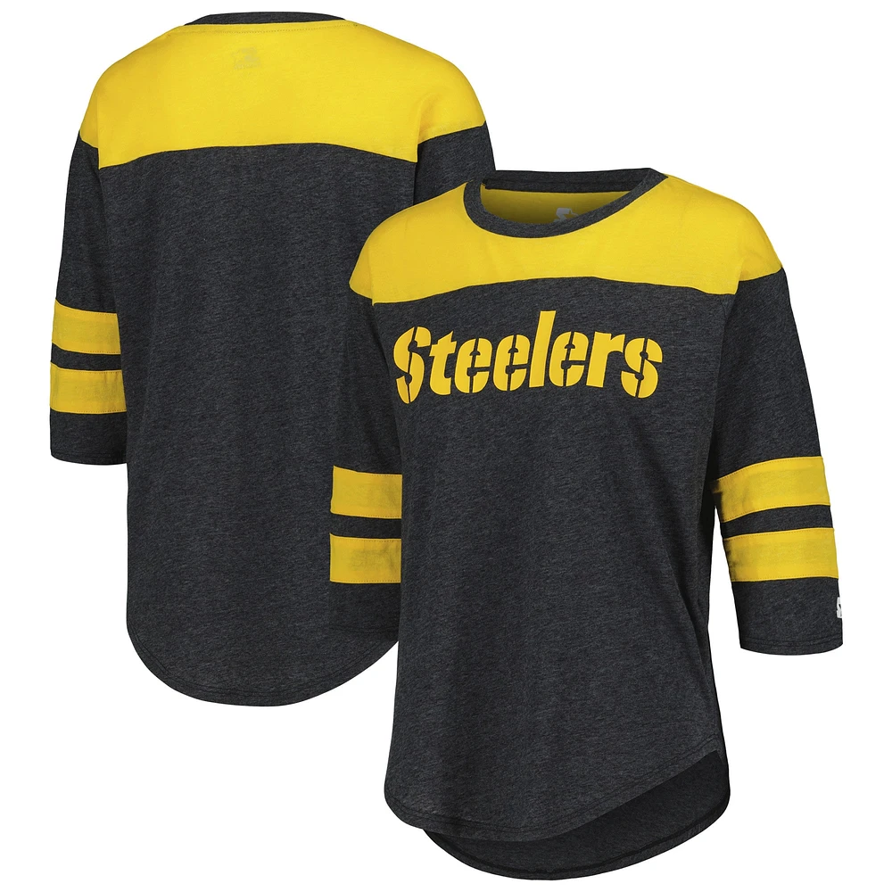 Women's Starter Black Pittsburgh Steelers Fullback Tri-Blend 3/4-Sleeve T-Shirt