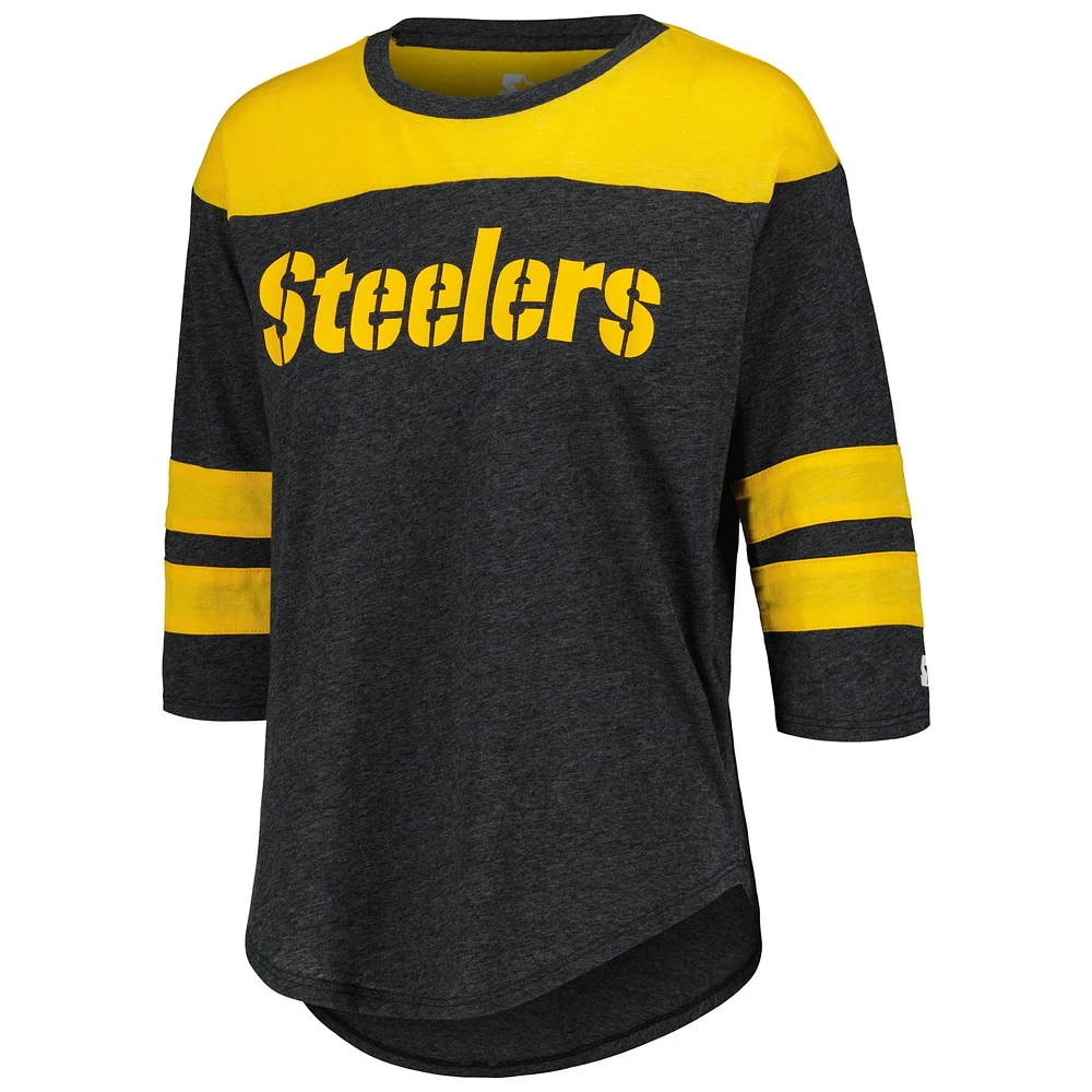 T-shirt noir à manches 3/4 pour femmes Starter Black Pittsburgh Steelers Fullback Tri-Blend