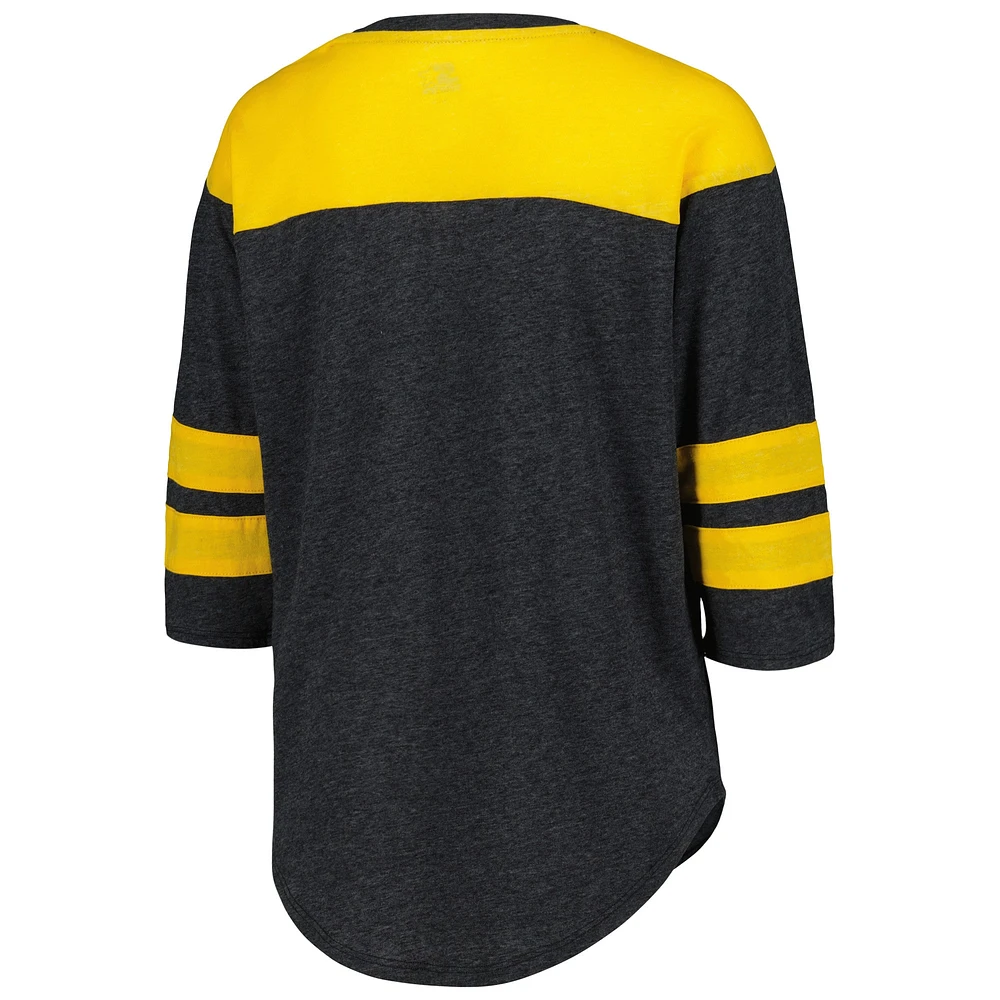 Women's Starter Black Pittsburgh Steelers Fullback Tri-Blend 3/4-Sleeve T-Shirt