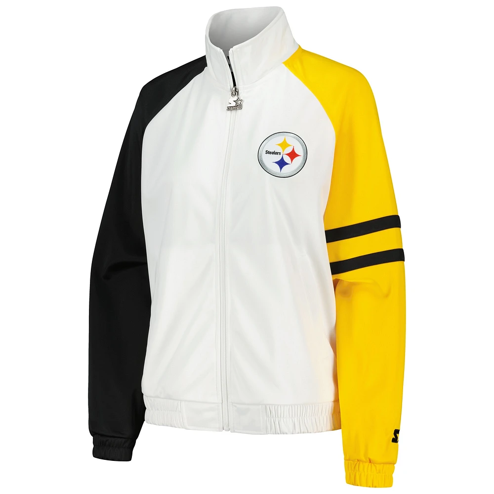 Veste de survêtement entièrement zippée Starter White Pittsburgh Steelers Curve Ball Raglan pour femmes