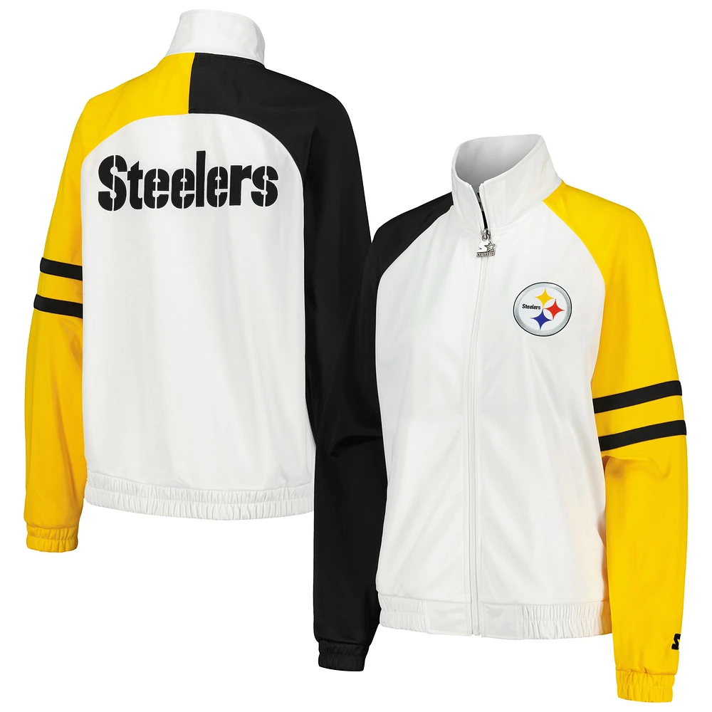 Veste de survêtement entièrement zippée Starter White Pittsburgh Steelers Curve Ball Raglan pour femmes