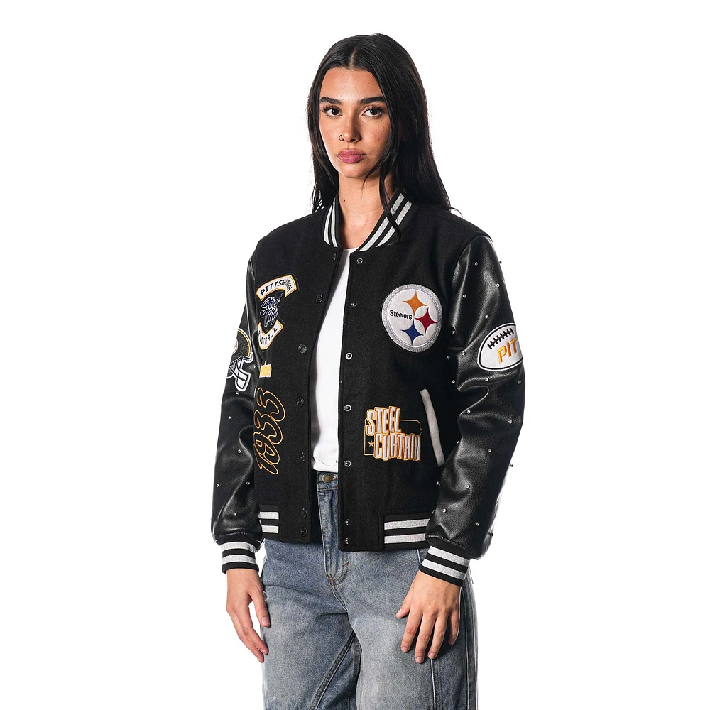 Women's The Wild Collective Black Pittsburgh Steelers Varsity Full-Snap Sparkle Jacket