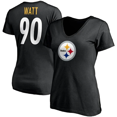 T-shirt à col en V noir pour femme T.J. Watt avec nom et numéro de joueur des Steelers Pittsburgh