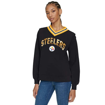 Sweat-shirt à col en V Alice des Steelers de Pittsburgh noir Tommy Hilfiger pour femme