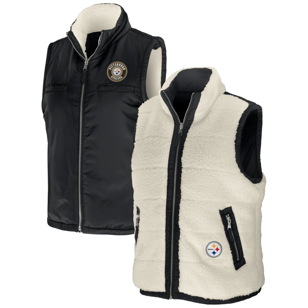 WEAR by Erin Andrews Women's WEAR by Erin Andrews Black/Cream Pittsburgh  Steelers Reversible Sherpa Full-Zip Vest