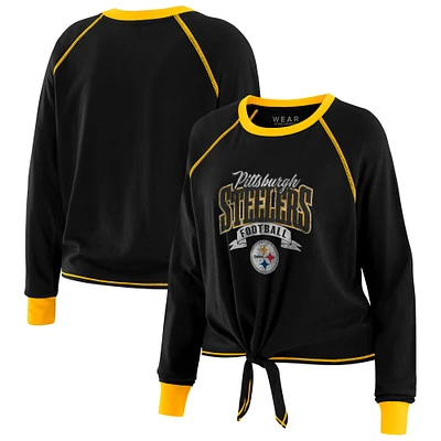 Haut à manches longues noué sur le devant noir/doré Pittsburgh Steelers pour femme WEAR by Erin Andrews