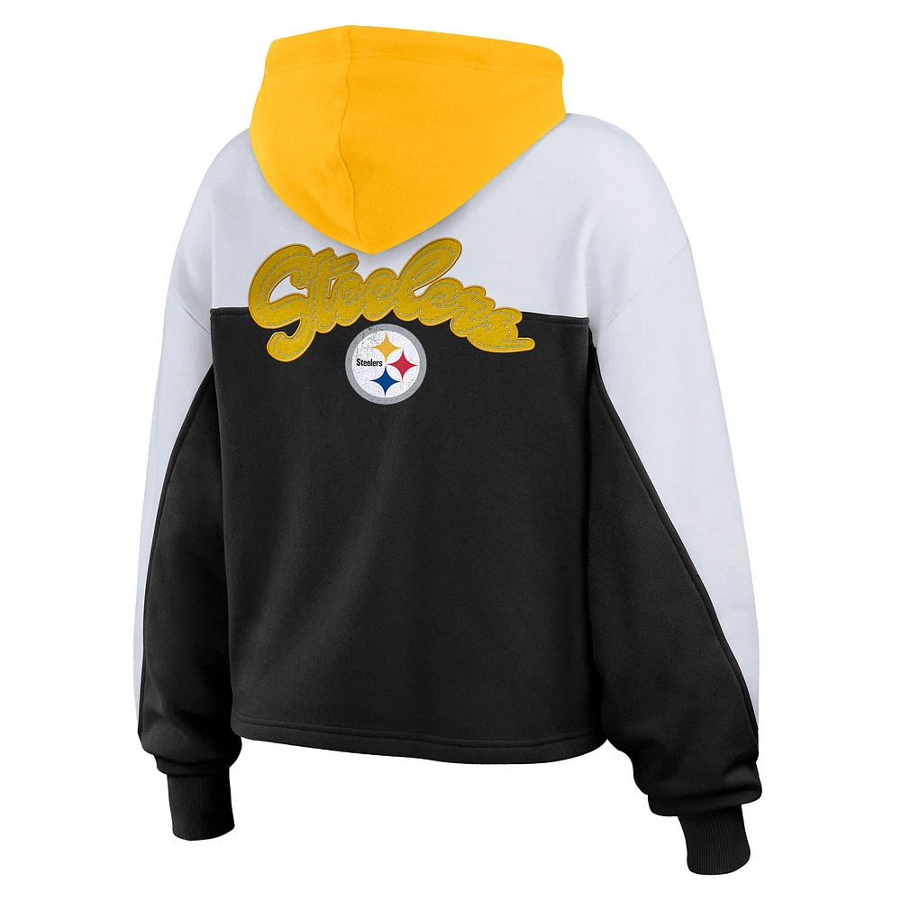 Women's WEAR by Erin Andrews Black/White Pittsburgh Steelers Color Block Full-Zip Hoodie