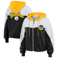 Women's WEAR by Erin Andrews Black/White Pittsburgh Steelers Color Block Full-Zip Hoodie