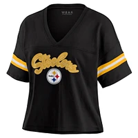 Women's WEAR by Erin Andrews Black/White Pittsburgh Steelers Plus Color Block Boxy T-Shirt