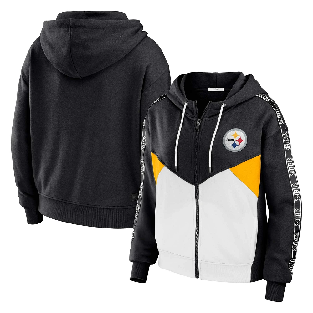 Sweat à capuche zippé blocs de couleurs noir/blanc Pittsburgh Steelers grande taille pour femme WEAR by Erin Andrews