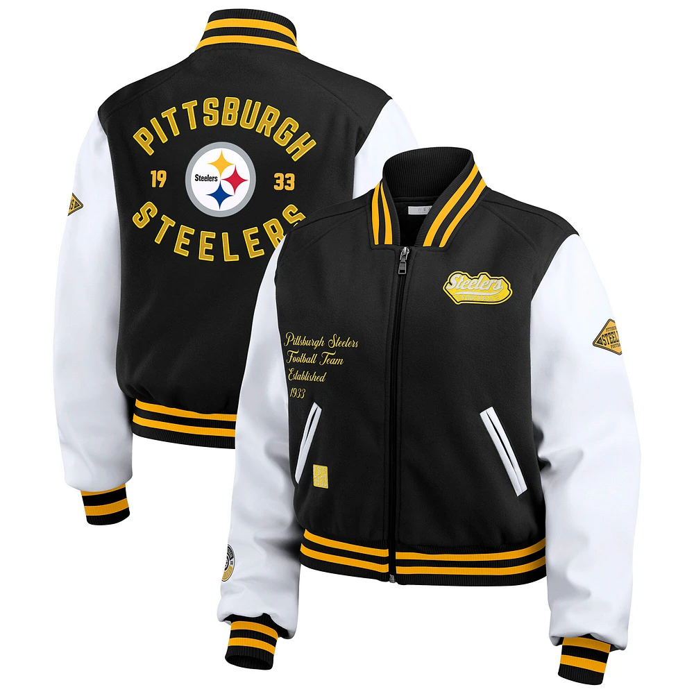 Veste zippée complète noire/blanche de style universitaire des Pittsburgh Steelers WEAR by Erin Andrews pour femme