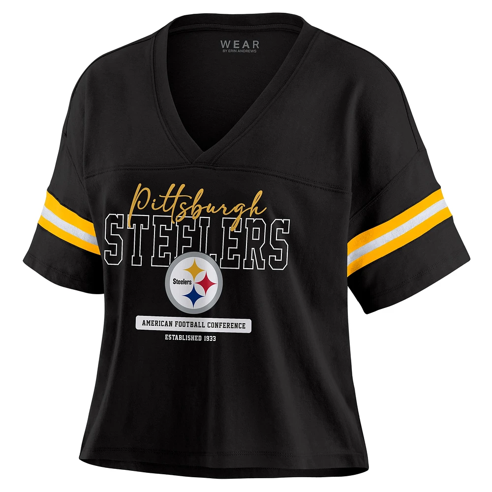 Women's WEAR by Erin Andrews Black Pittsburgh Steelers Color Block Boxy Modest Crop V-Neck T-Shirt