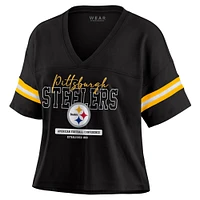 Women's WEAR by Erin Andrews Black Pittsburgh Steelers Color Block Boxy Modest Crop V-Neck T-Shirt