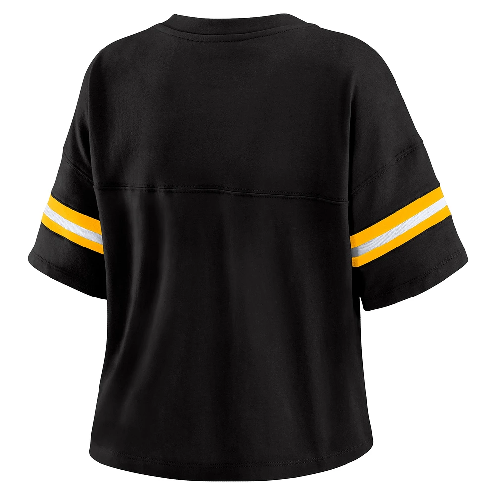 Women's WEAR by Erin Andrews Black Pittsburgh Steelers Color Block Boxy Modest Crop V-Neck T-Shirt