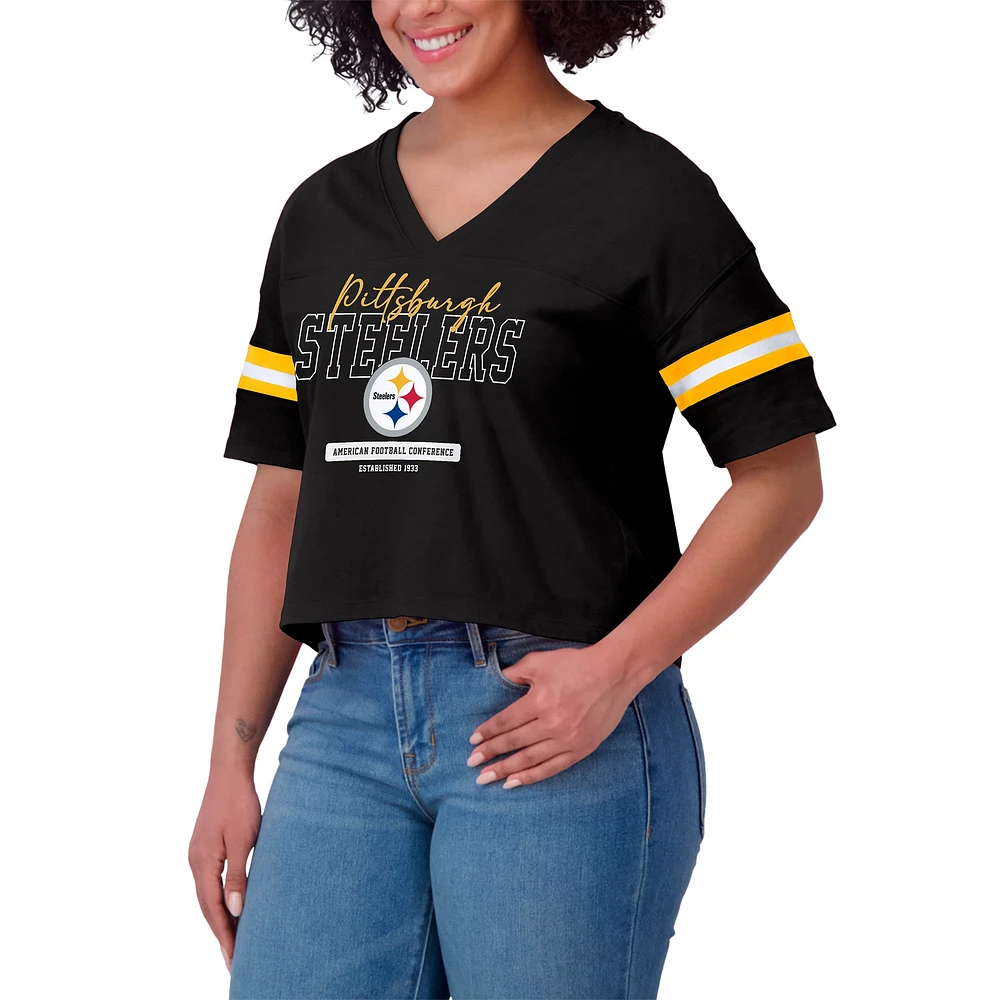 Women's WEAR by Erin Andrews Black Pittsburgh Steelers Color Block Boxy Modest Crop V-Neck T-Shirt