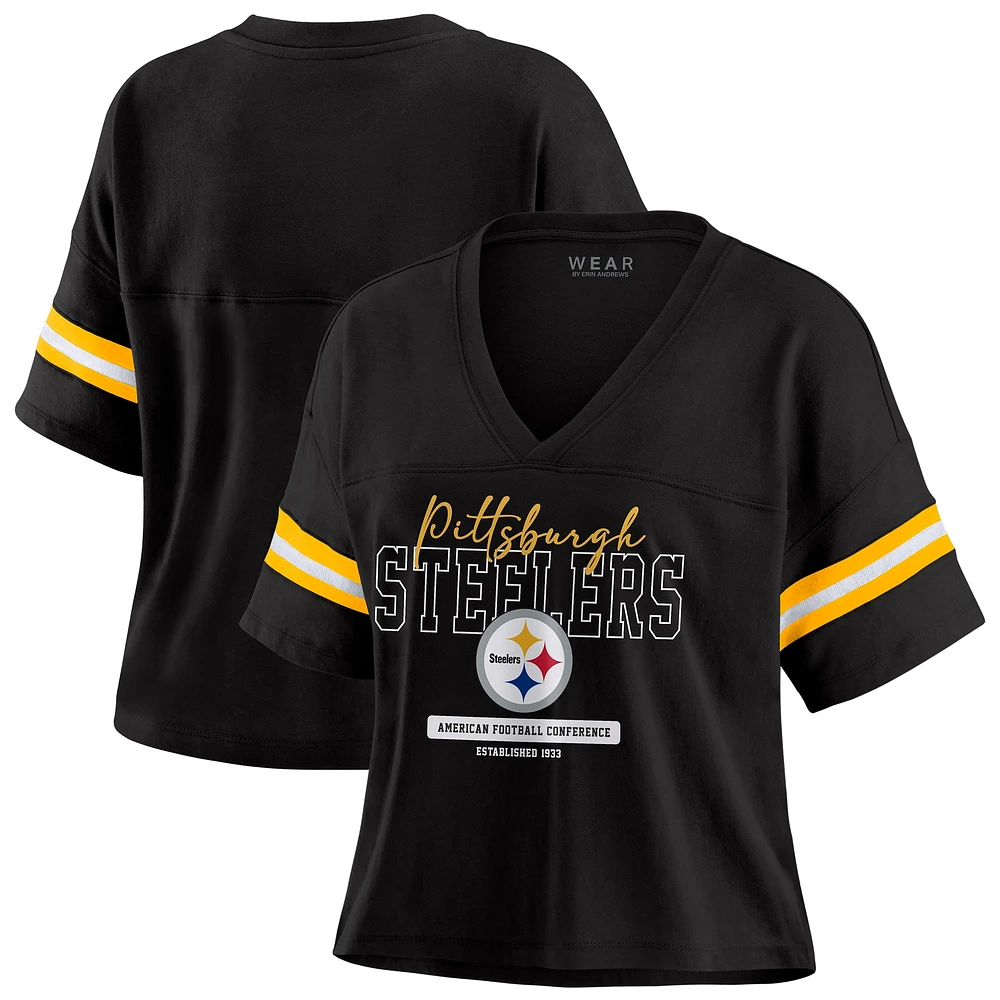 Women's WEAR by Erin Andrews Black Pittsburgh Steelers Color Block Boxy Modest Crop V-Neck T-Shirt