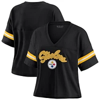 Women's WEAR by Erin Andrews Black Pittsburgh Steelers Color Block Boxy V-Neck T-Shirt