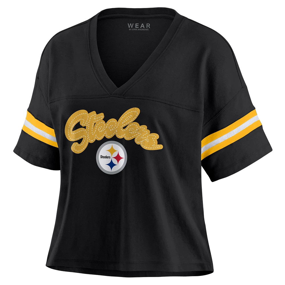 Women's WEAR by Erin Andrews Black Pittsburgh Steelers Color Block Boxy V-Neck T-Shirt