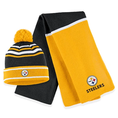 Ensemble bonnet à revers colorblock en tricot noir avec pompon et écharpe pour femme WEAR by Erin Andrews des Pittsburgh Steelers