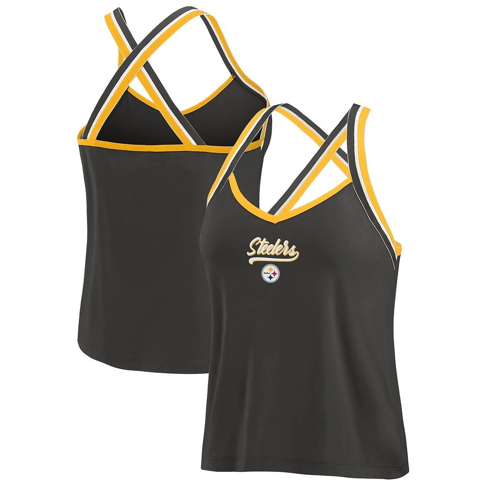 Débardeur noir à bretelles croisées Tri-Blend pour femme WEAR by Erin Andrews des Pittsburgh Steelers